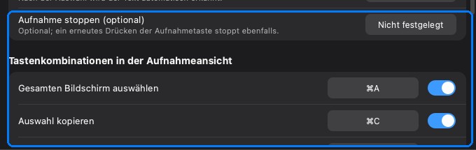 Der Abschnitt für Kürzel im Screenshot-Modus