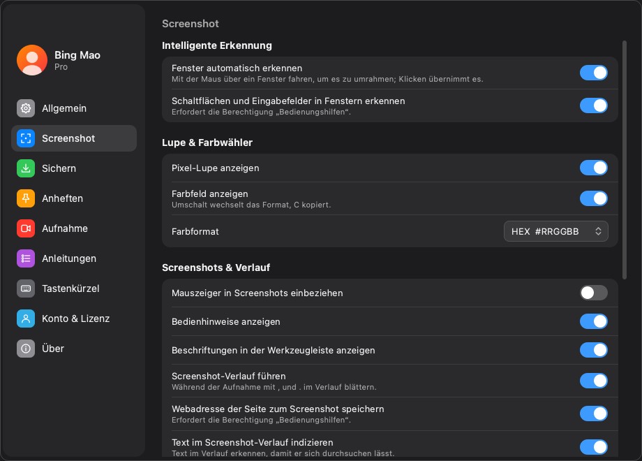 Die Seite Einstellungen › Screenshot