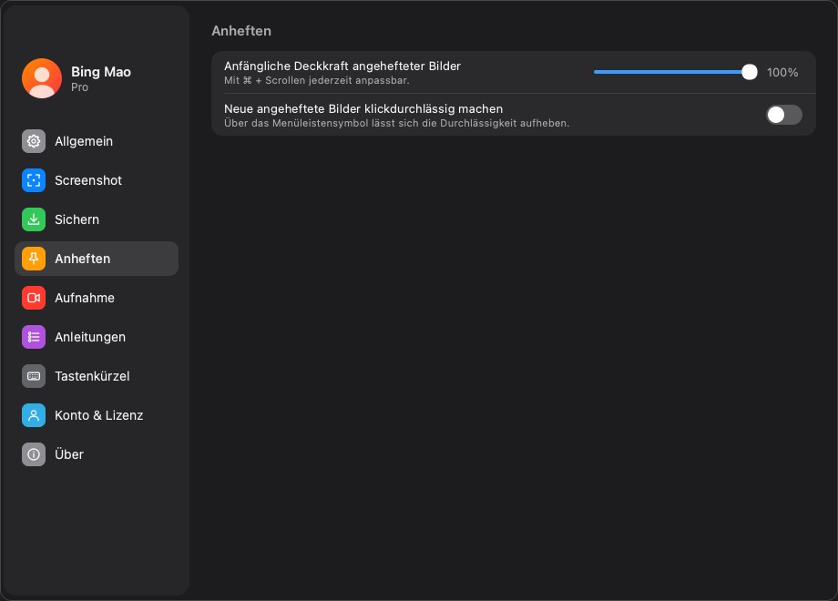 Die Seite Einstellungen › Anheften