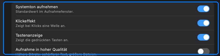 Aufnahmeoptionen