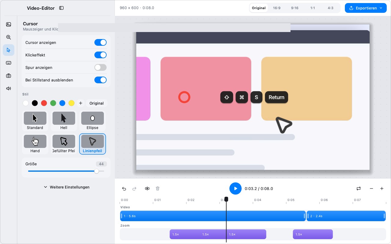 Der Editor mit angewendetem Cursor-Stil