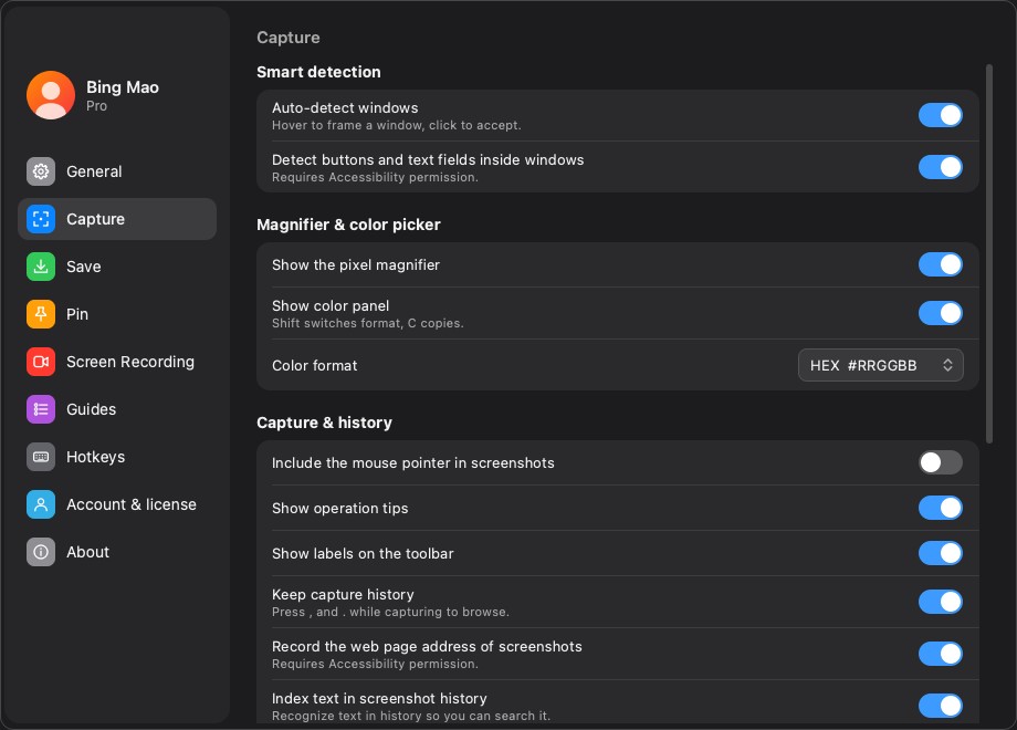 The Capture settings page