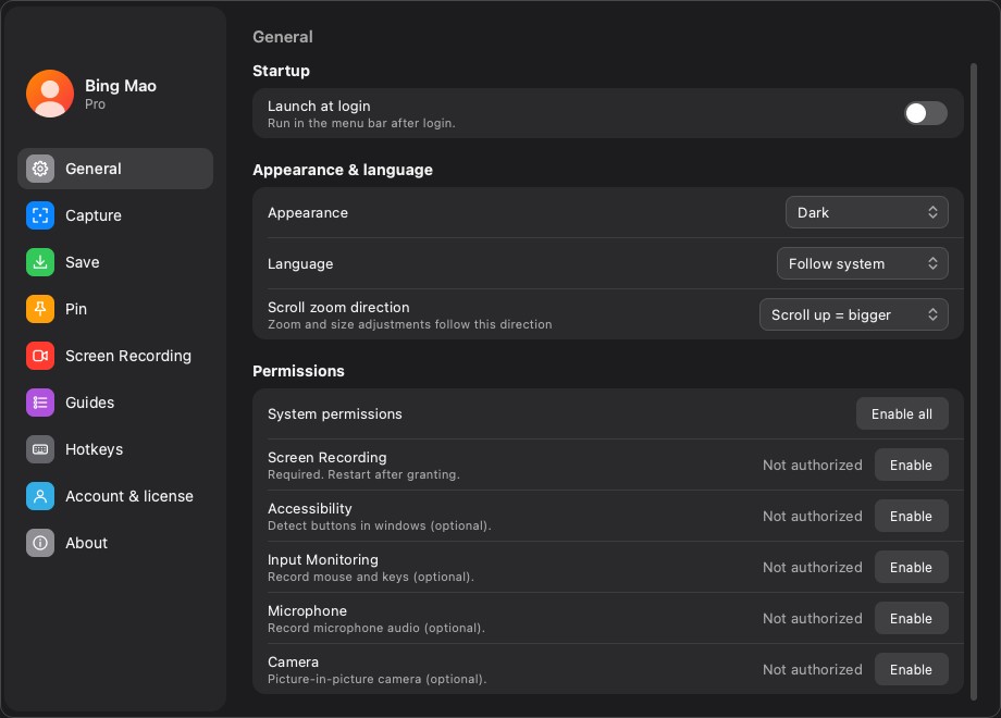 The permissions section