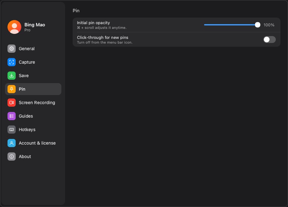 The Pin settings page