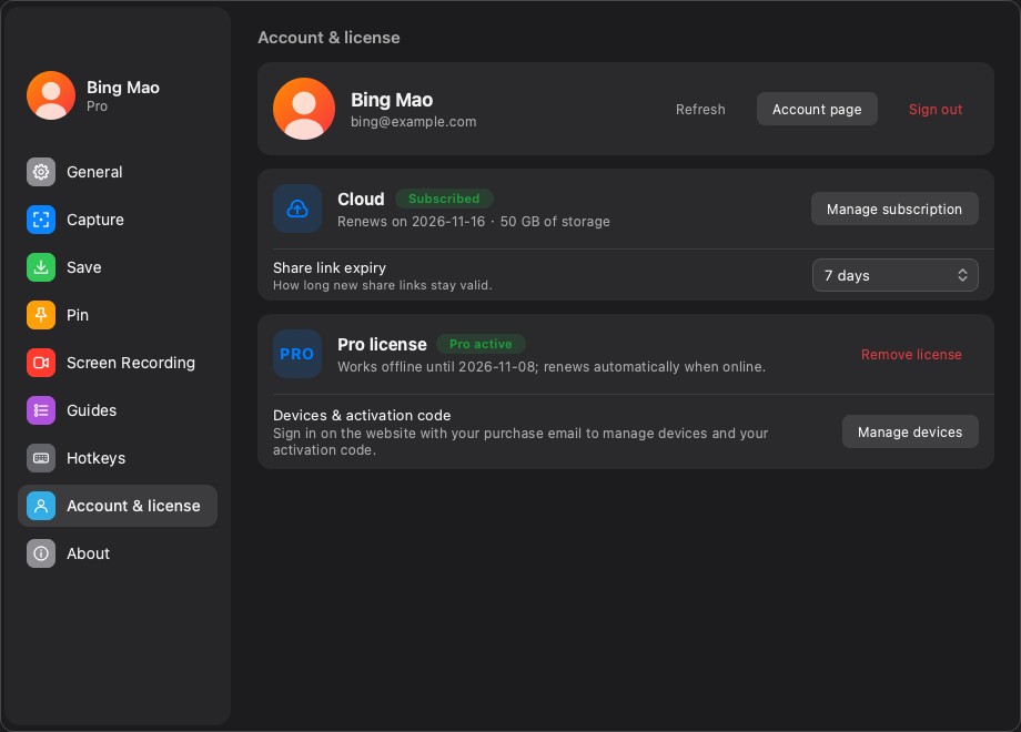 The Account & license page