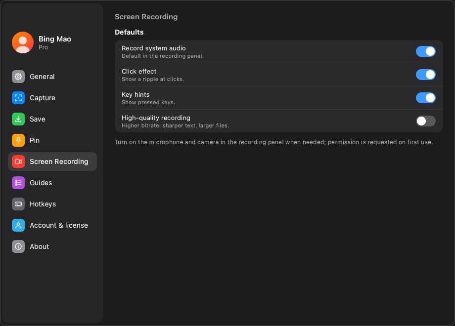 Recording defaults