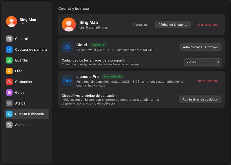 La página Cuenta y licencia