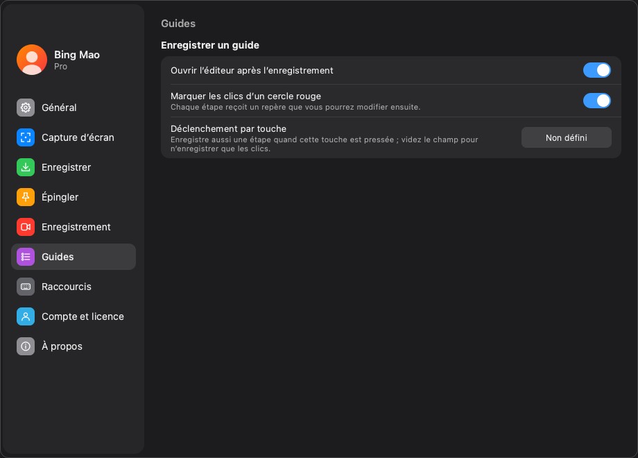 Valeurs par défaut de l’enregistrement de guide