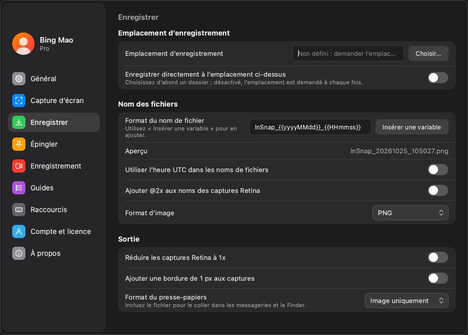 La page de réglages Enregistrer