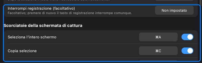 La sezione delle scorciatoie della schermata di cattura