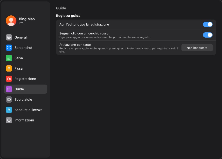 Valori predefiniti della registrazione guide