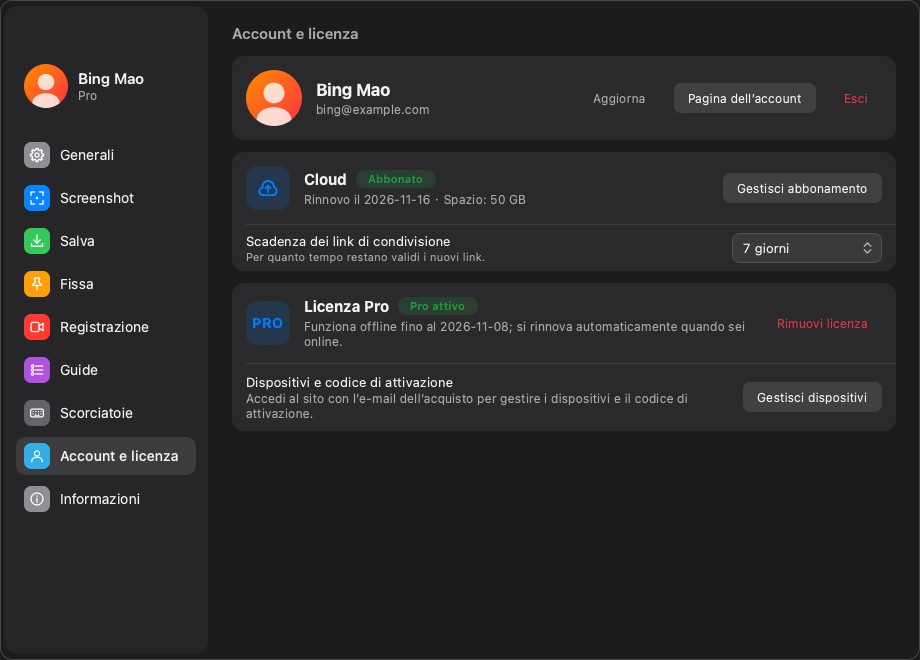 La pagina Account e licenza