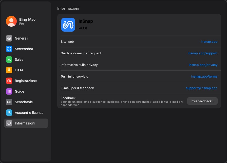 La pagina Informazioni con la riga del feedback