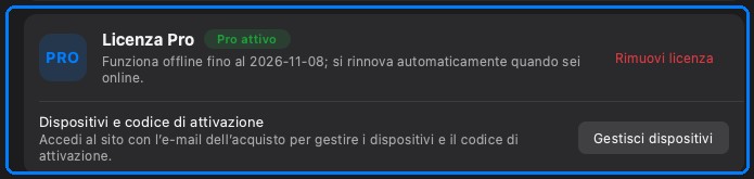 La scheda della licenza Pro