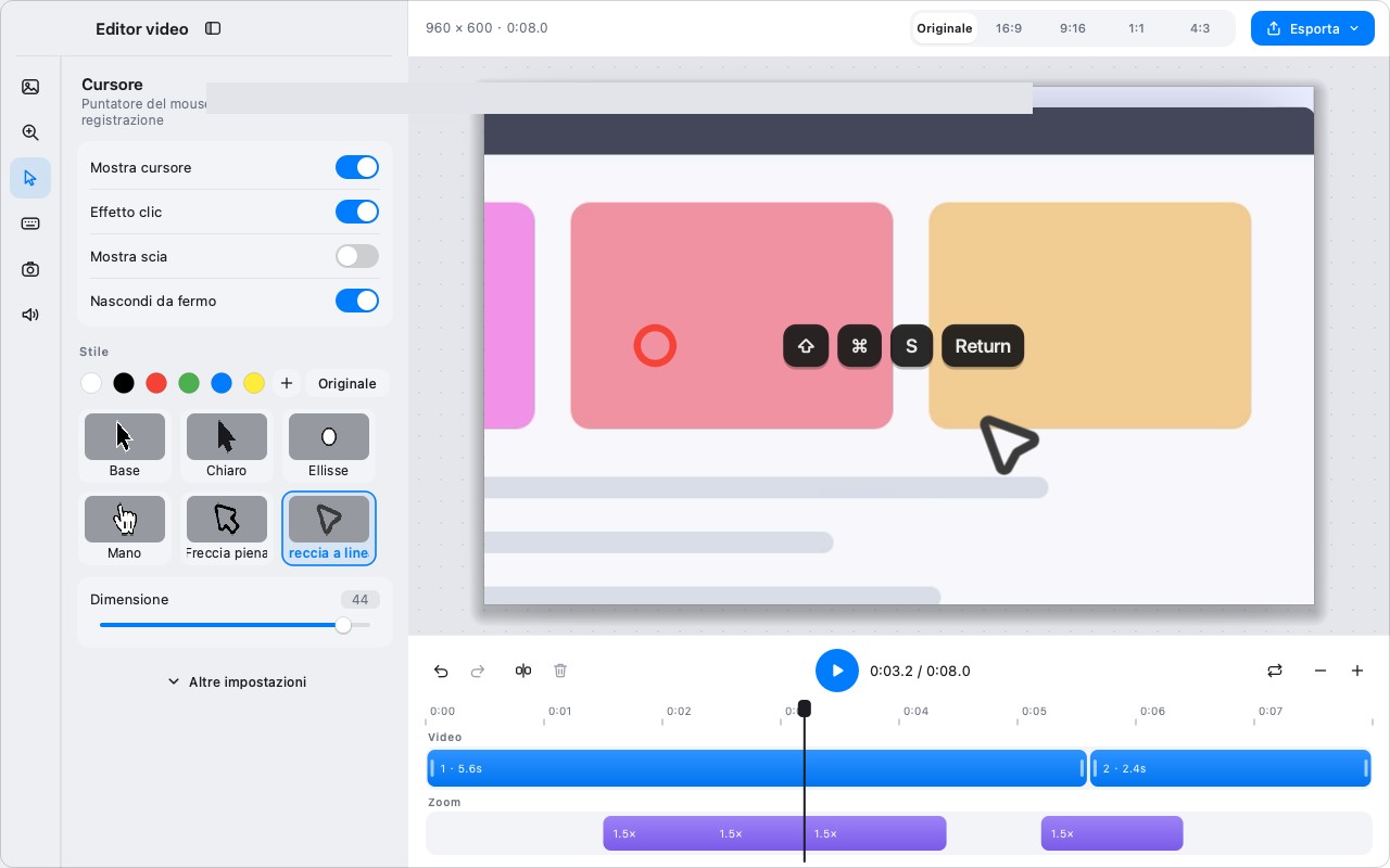 L'editor con uno stile del cursore applicato