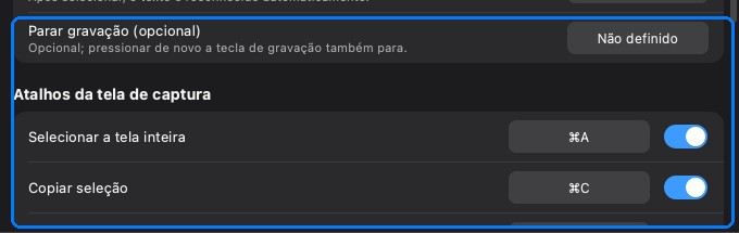 A seção de atalhos da tela de captura