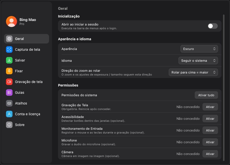 A seção de permissões