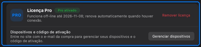 O cartão de licença Pro