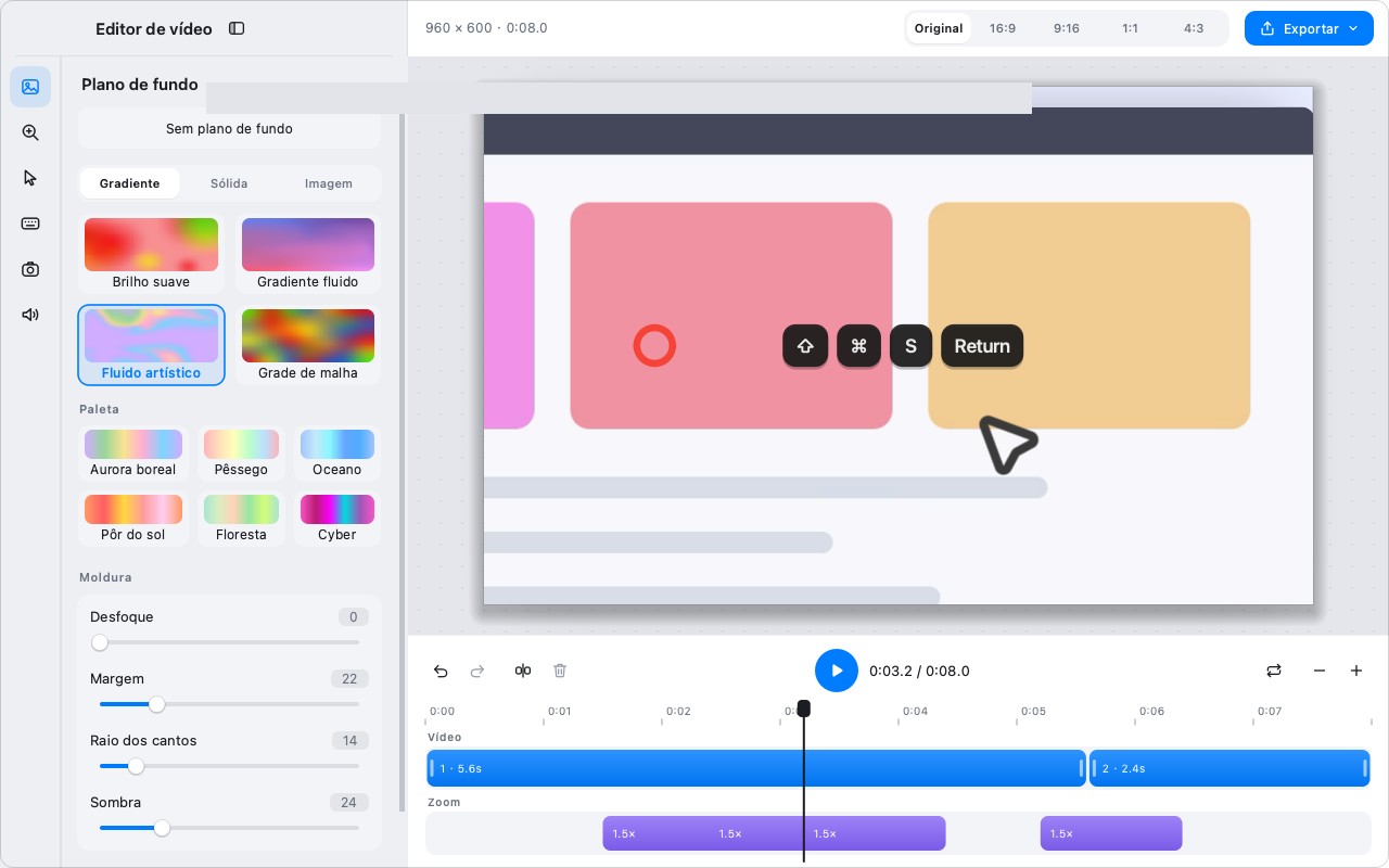 O editor de vídeo com uma proporção de tela selecionada