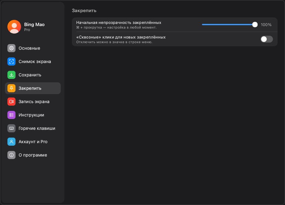 Страница настроек «Закрепить»