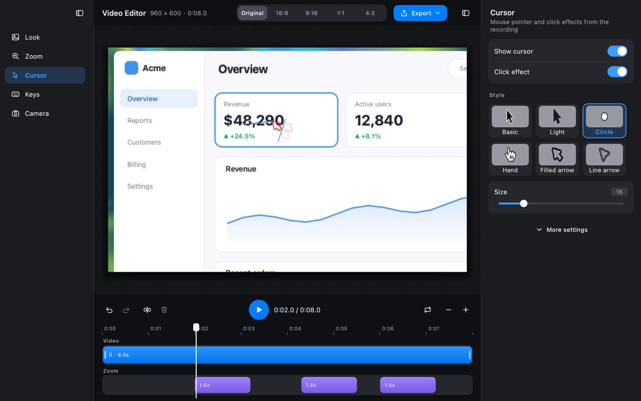 Cursor and click effects in a recording