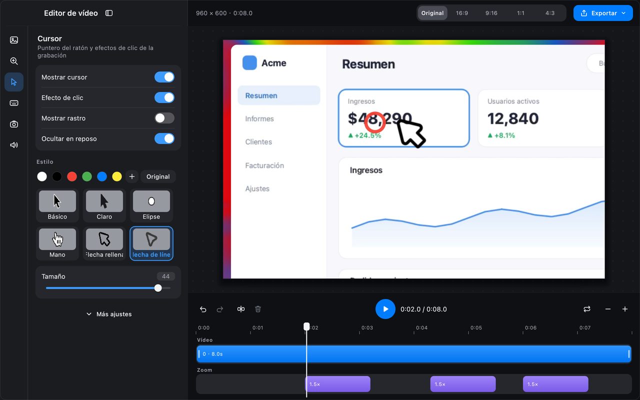 Efectos de cursor y clic en una grabación