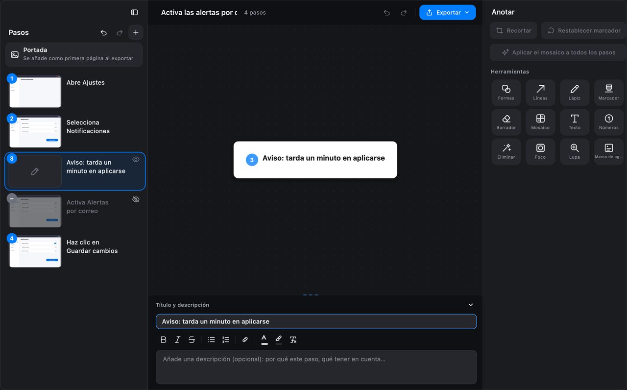 Pasos ocultos y notas en el editor de guías
