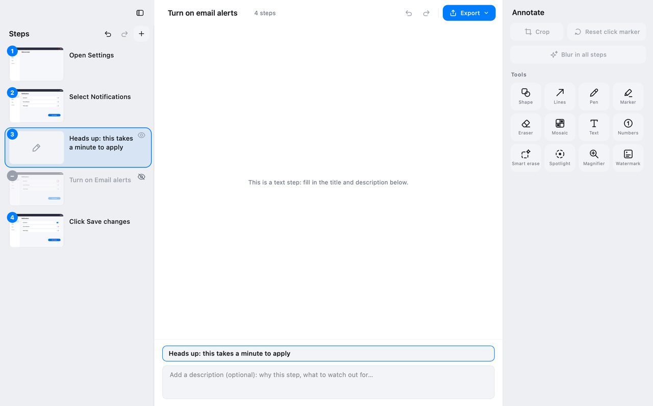 Hidden steps and notes in the guide editor