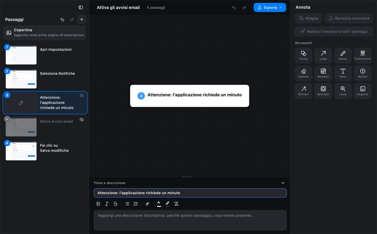 Passaggi nascosti e note nell'editor delle guide